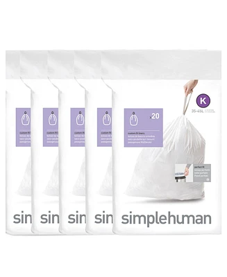 simplehuman Code K 100pk Custom Fit Liners with 5 Quick Dispense Packs, 35-45L Kitchen Trash Bag Liners