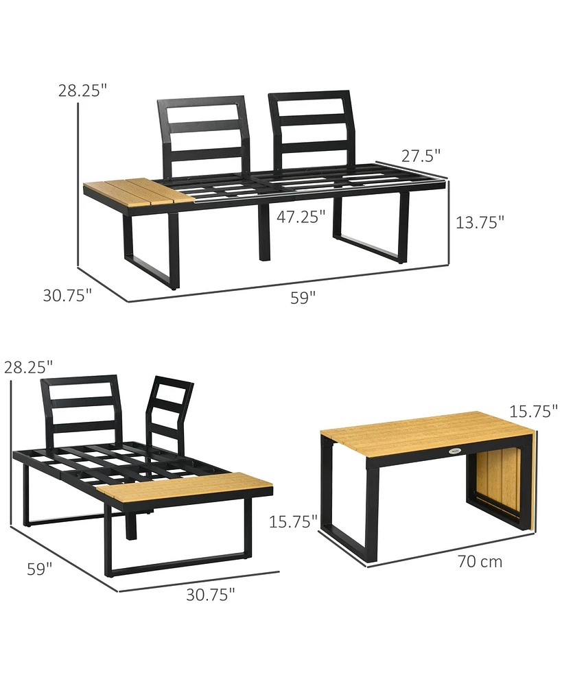 Outsunny 3 Piece Patio Furniture Set, Outdoor Sofa Set with Chaise Lounge & Loveseat, Soft Cushions, Woodgrain Plastic Table, L-Shaped Sectional Couch