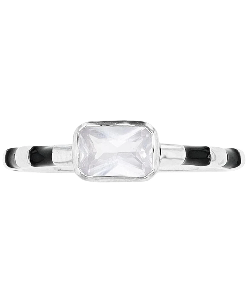 Cubic Zirconia & Striped Enamel Ring Sterling Silver