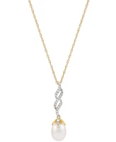 Honora Cultured Freshwater Pearl (8mm) & Diamond (1/6 ct. t.w.) Twist 18" Pendant Necklace in 10k Gold