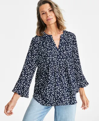 Style & Co Women's Printed Pintuck Ruffle Sleeve Top, Created for Macy's