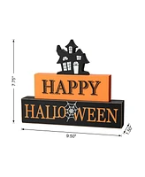 Glitzhome 9.5" L Happy Halloween Wooden Haunted House Block Sign