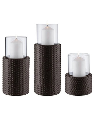 Danya B Contemporary 3-Piece Candle Holder Set with Clear Glass Hurricanes and Textured Metal Base