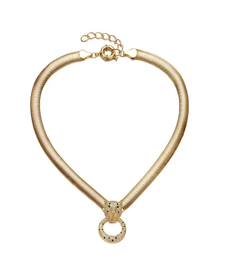Rachel Glauber 14k Yellow Gold Plated with Green & Cubic Zirconia Panther Head Door Knocker Wire Herringbone Chain Necklace