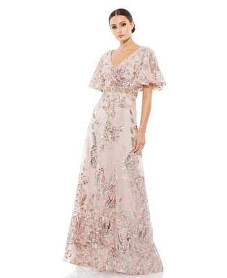Mac Duggal Women's Floral Embellished Short Sleeve Gown