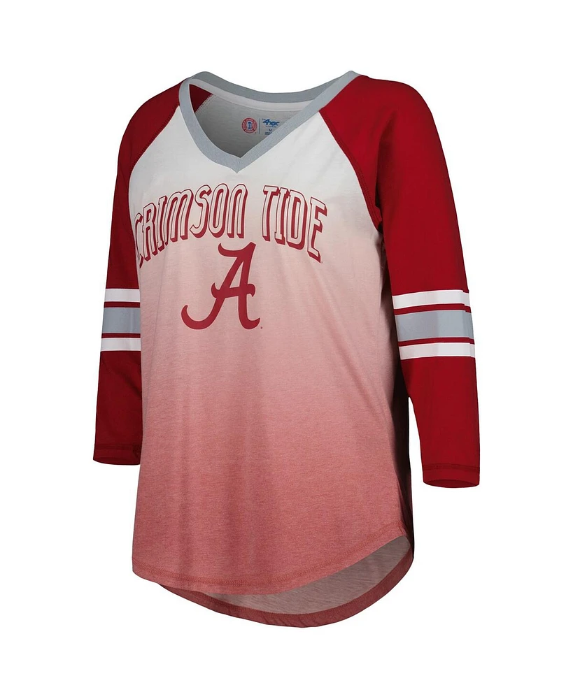 Women's G-iii 4Her by Carl Banks White, Crimson Alabama Crimson Tide Lead Off Ombre Raglan 3/4-Sleeve V-Neck T-shirt