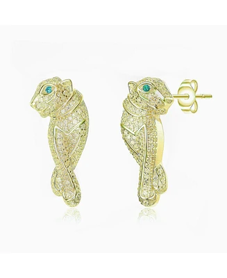 White Gold And 14K Plated with Green & Cubic Zirconia Walking Panther Earrings
