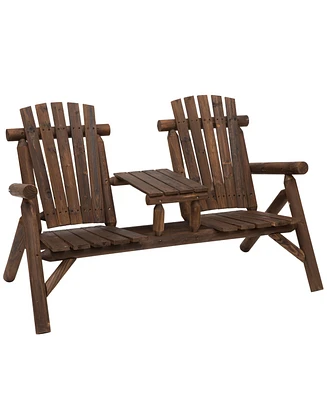 Outsunny Wooden Adirondack Chairs, Outdoor Double Seat Bench with Center Table for Patio, Backyard, Deck, Fire Pit, Carbonized