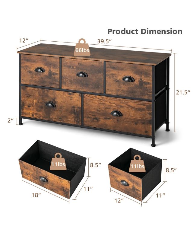 5-Drawer Dresser Fabric Storage Tower w/wooden Top Chest Organizer