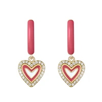 Kids/teens 14k Gold Plated with Cubic Zirconia & Magenta-Red Enamel Halo Heart Dangle Charm Hoop Earrings
