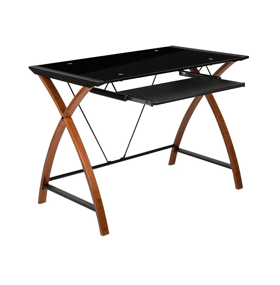Glass Computer Desk-Pull-Out Keyboard Tray & Crisscross Frame