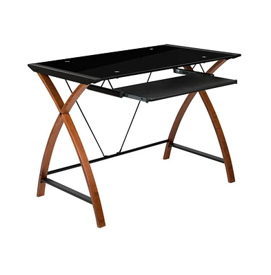 Glass Computer Desk-Pull-Out Keyboard Tray & Crisscross Frame