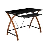 Glass Computer Desk-Pull-Out Keyboard Tray & Crisscross Frame