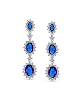 Bling Jewelry Long Royal Blue Triple Oval Halo Blue Cz Chandelier Earrings Cubic Zirconia Rhodium Plated Brass
