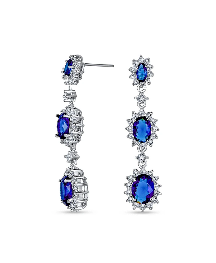 Bling Jewelry Long Royal Blue Triple Oval Halo Blue Cz Chandelier Earrings Cubic Zirconia Rhodium Plated Brass