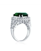 Bling Jewelry 7CT Cubic Zirconia Cz Pave Rectangle Green Emerald Cut Statement Fashion Ring Rhodium Plated Brass