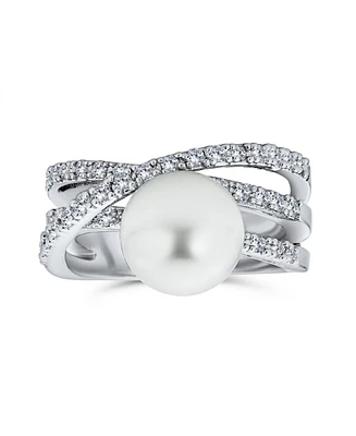 Bling Jewelry Geometric Criss Cross Pave Cz Solitaire White Simulated Pearl Fashion Statement Ring Silver Plated Brass