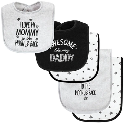 Hudson Baby Baby Boys Hudson Unisex Cotton Terry Bib and Burp Cloth Set, Mom Dad Moon And Back
