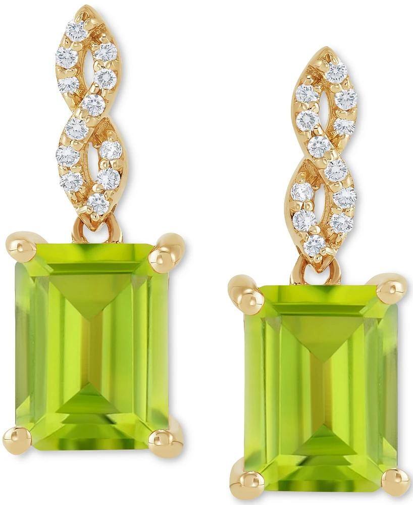 Peridot (3-1/5 ct. t.w.) & Diamond (1/10 ct. t.w.) Cushion Drop Earrings in 14k Gold
