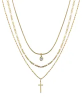 Unwritten Cubic Zirconia Bezel and 14K Gold Plated Cross Pendant Layered Necklace Set, 3 Pieces