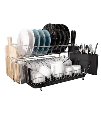 Mega Casa Double Tier Stainless Steel Dish Rack With Drainboard Set And Utensil Holder