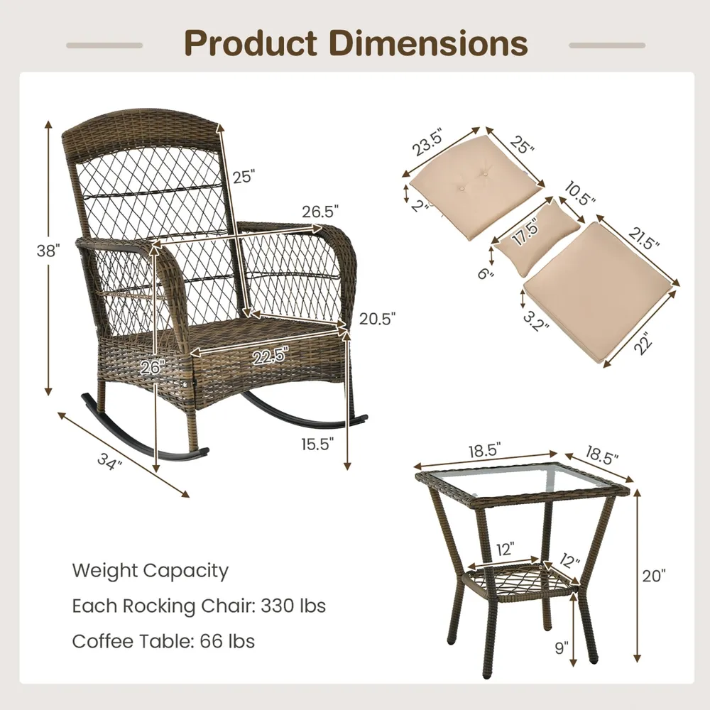 Costway Patio 3PCS Rocking Wicker Bistro Set 2 Rocker Chairs Tempered Glass Side Table