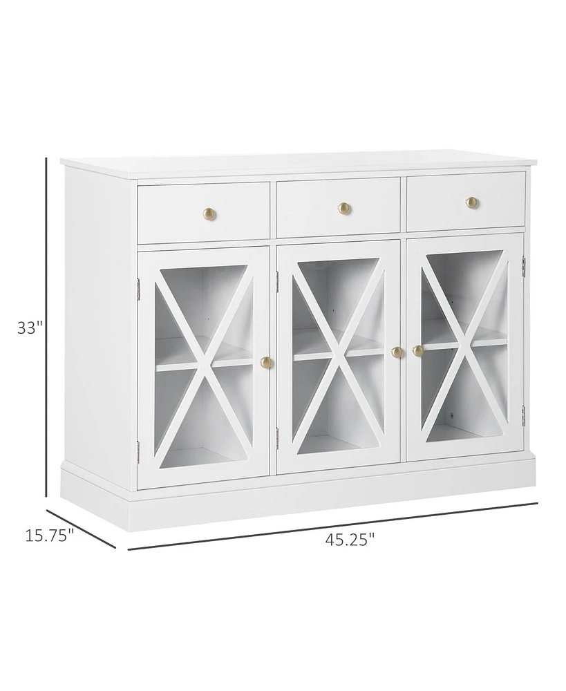 Homcom 45" Farmhouse Sideboard Buffet Cabinet with Glass Doors and 3 Drawers,
