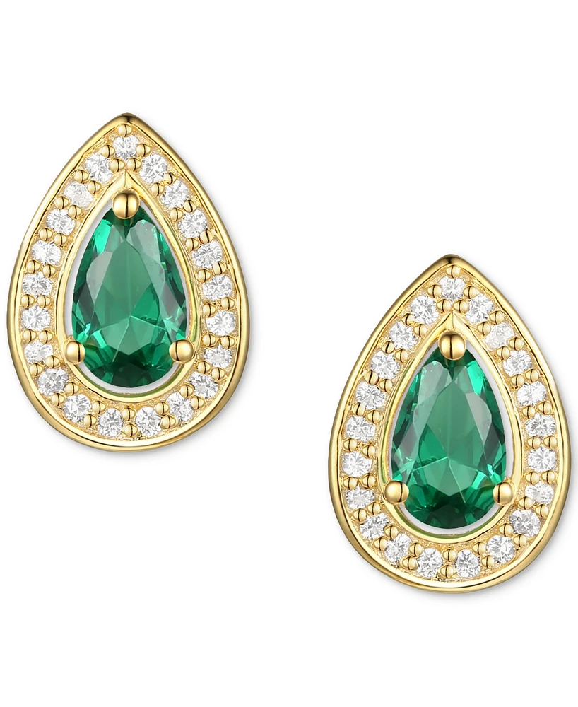 Lab-Grown Emerald (1/3 ct. t.w.) & White Sapphire (1/6 Pear Halo Stud Earrings 14k Gold-Plated Sterling Silver (Also Tanzani