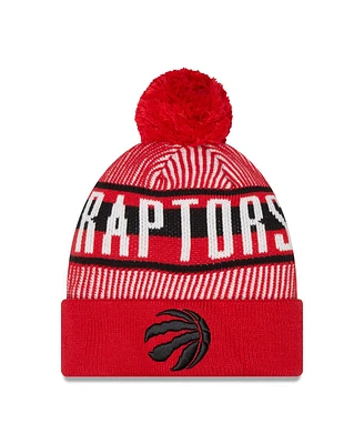 Men's New Era Red Toronto Raptors Striped Cuffed Pom Knit Hat