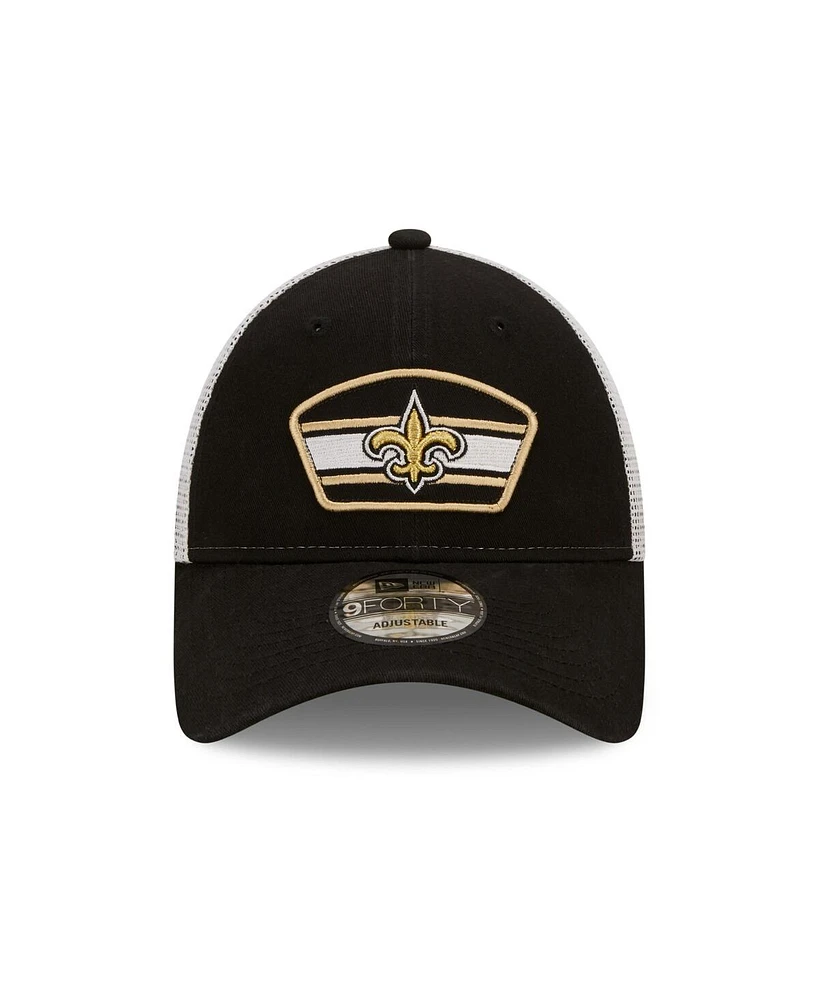 Men's New Era Black, White New Orleans Saints Logo Patch Trucker 9FORTY Snapback Hat