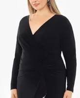 Xscape Plus V-Neck Twist-Front Side-Ruffle Gown