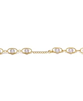 Genevive Sterling Silver 14K Gold Plated Genuine Freshwater Pearl and Cubic Zirconia Link Oval Spring Adjustable Bracelet