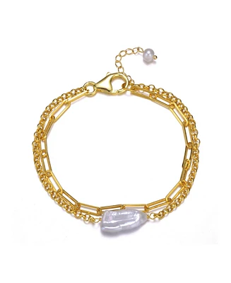 Genevive 14k Yellow Gold Plated with Free-Form Genuine Freshwater Pearl Cable Rolo Chain Double Layer Bracelet in Sterling Silver
