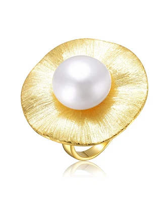Sterling Silver 14K Gold Plated with Genuine Freshwater Pearl Floral Ring