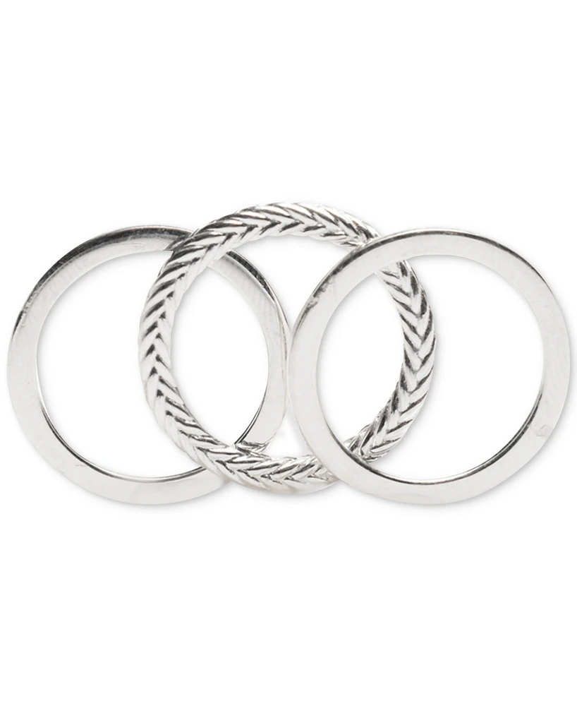 Lauren Ralph Lauren 3-Pc. Set Polished & Herringbone Design Stack Rings in Sterling Silver