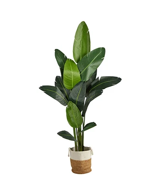 Nearly Natural 84" Artificial Travelers Palm Tree with Handmade Jute Cotton Basket