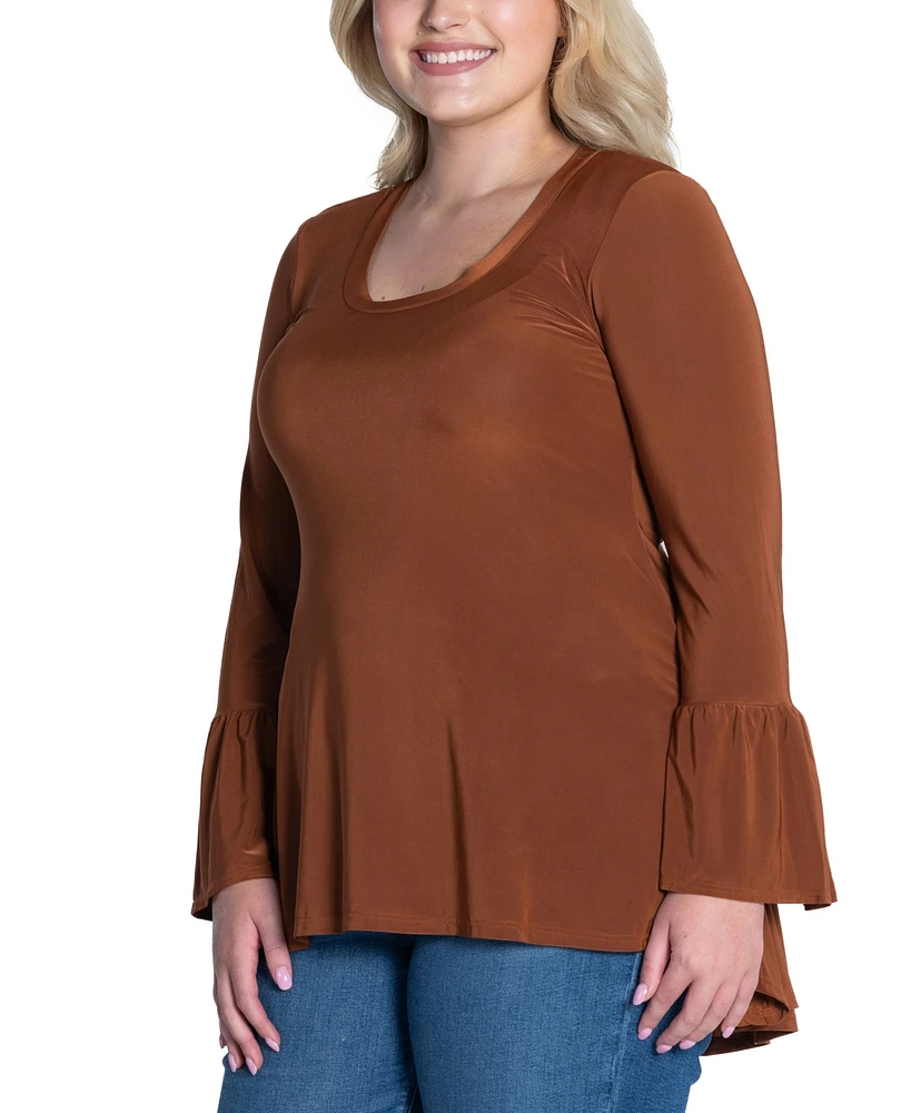 24seven Comfort Apparel Plus Long Bell Sleeve High Low Tunic Top