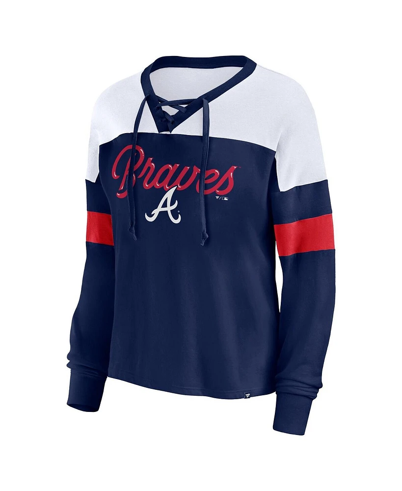 Women's Fanatics Navy, White Atlanta Braves Even Match Lace-Up Long Sleeve V-Neck T-shirt