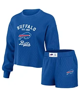 Women's Wear by Erin Andrews Royal Distressed Buffalo Bills Waffle Knit Long Sleeve T-shirt and Shorts Lounge Set