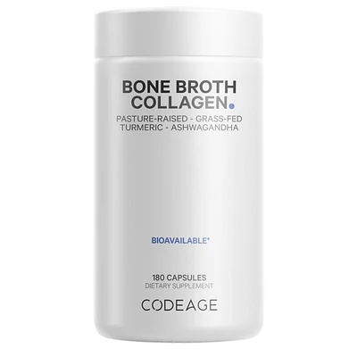 Codeage Organic Bone Broth Collagen Peptides Capsules Supplement, Grass Fed Beef Bone Broth, Free-Range Chicken Bone Broth, Turmeric & Ashwagandha