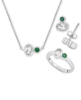 3-Pc. Set Lab-Grown Emerald (1/4 ct. t.w.) & Lab Grown White Sapphire (2-1/6 ct.tw) Pendant Necklace, Matching Ring, & Stud Earrings in Sterling Silve