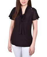 Ny Collection Petite Short Sleeve Top with Mesh Details