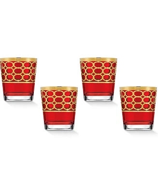 Lorren Home Trends Deep Red Colored Double Old Fashion with Gold-Tone Rings, Set of 4