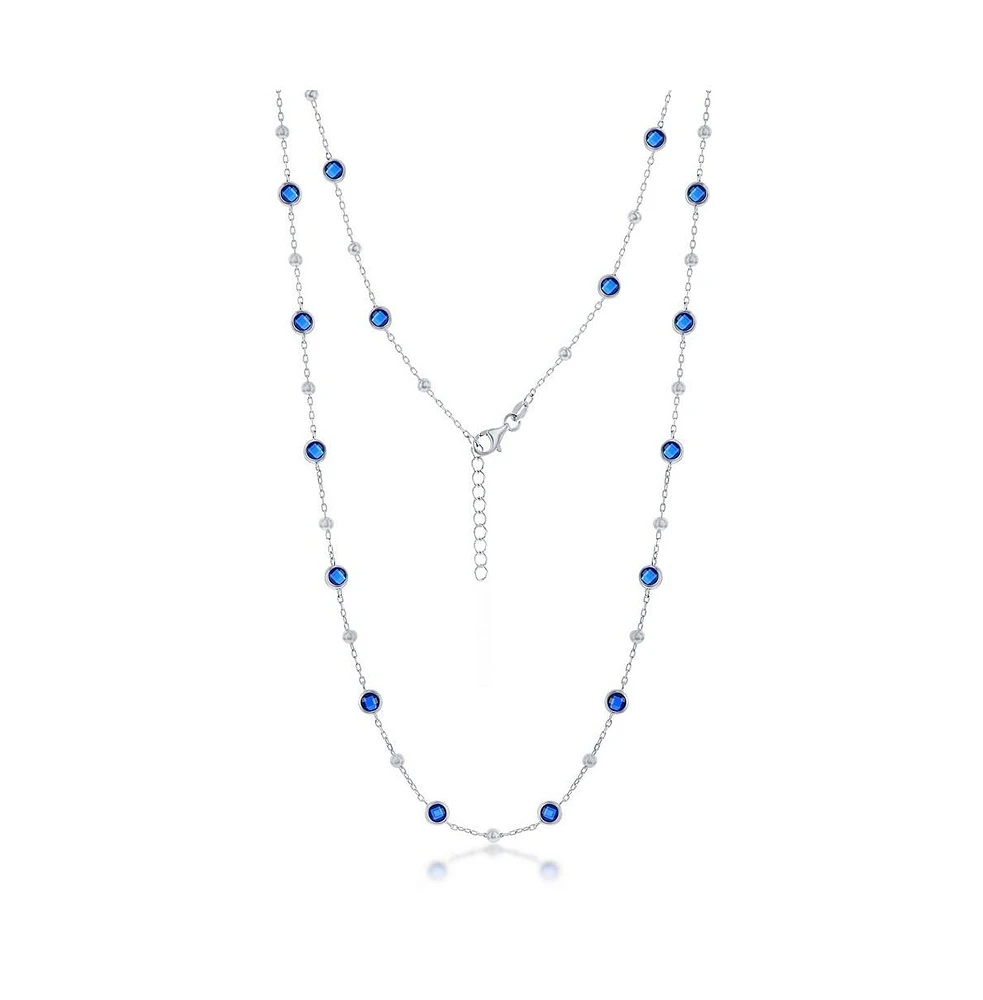 Sterling Silver Bezel-Set Cz & Bead Station Necklace (White, Green, Blue