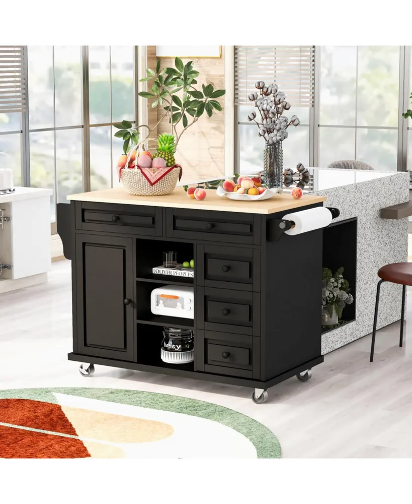 Mobile Kitchen Cart with Rubber Wood Desktop and 5 Draws