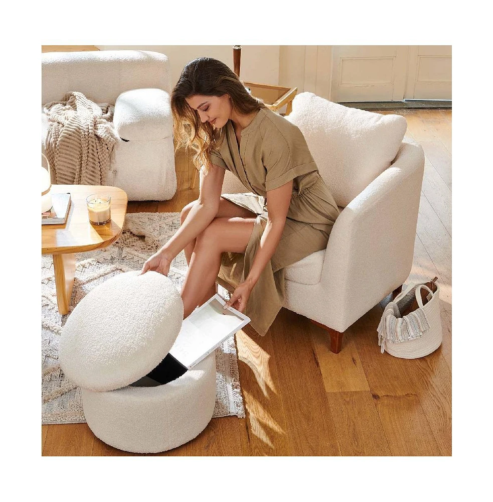 Sherpa Accent Chair with Storage Ottoman Set, Upholstered Barrel Club Arm Chair with Footrest, Modern Living Room Chair with Back Pillow and Wooden Le