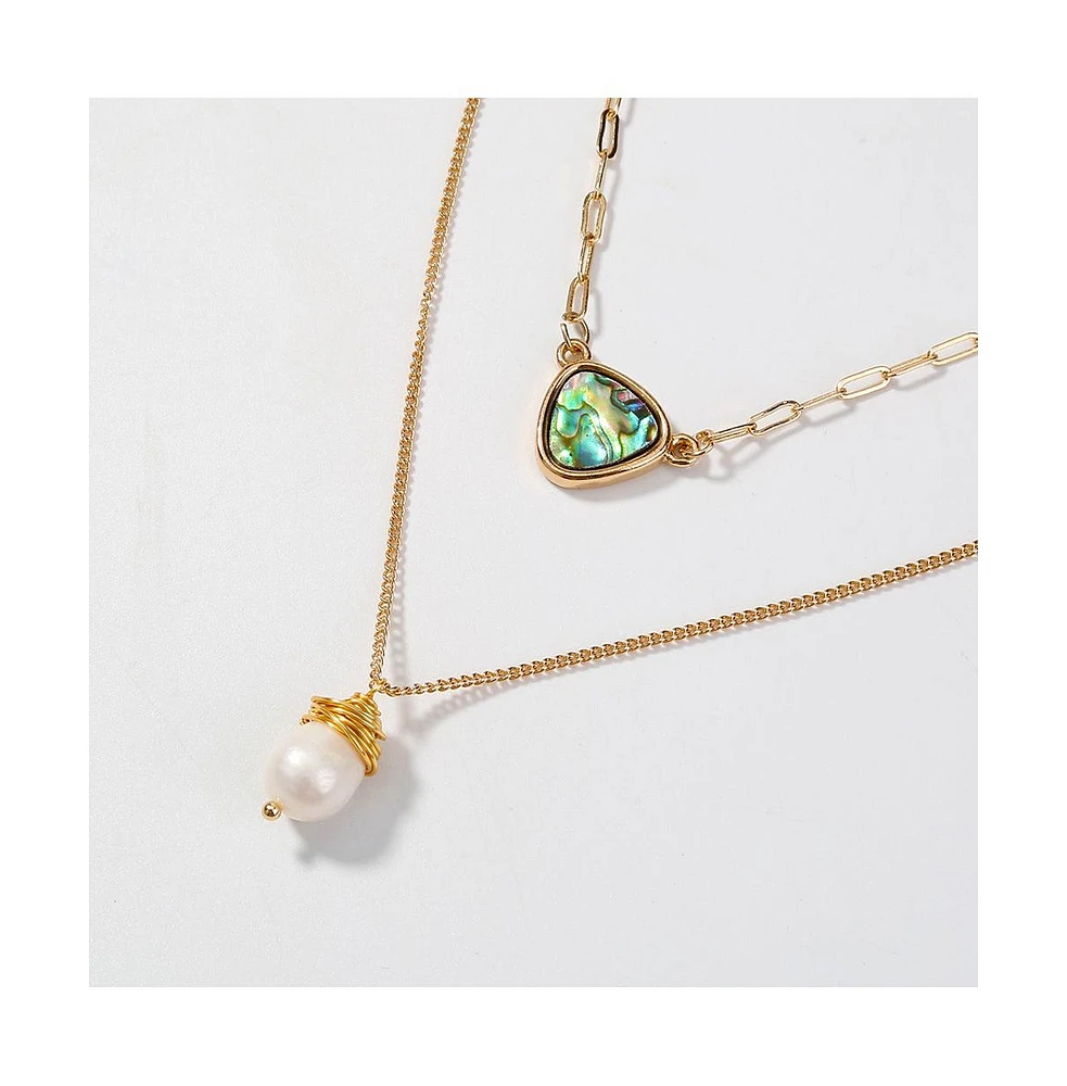 Two Layer Necklace With Abalone Pendant And Pearl Pendant