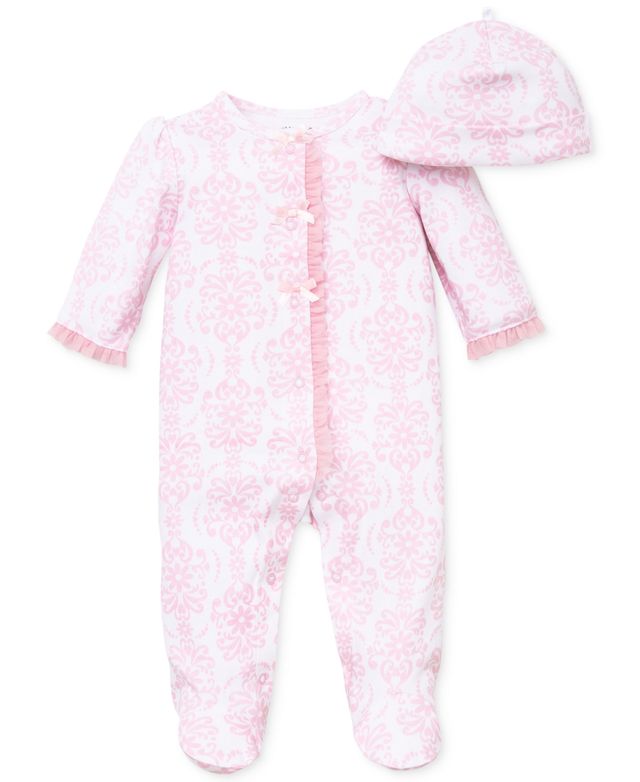 Little Me Baby Girls Damask Footed Coverall and Hat, 2 Piece Set