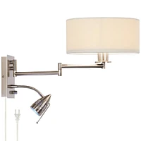 Tesoro Modern Swing Arm Wall Mounted Lamp Adjustable Led Brushed Nickel Plug-In Light Fixture Off White Drum Shade for Bedroom Bedside House Reading L
