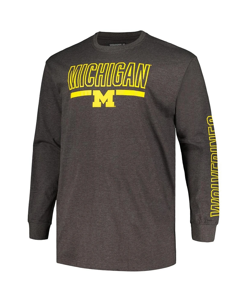 Men's Profile Heather Charcoal Michigan Wolverines Big and Tall Two-Hit Graphic Long Sleeve T-shirt